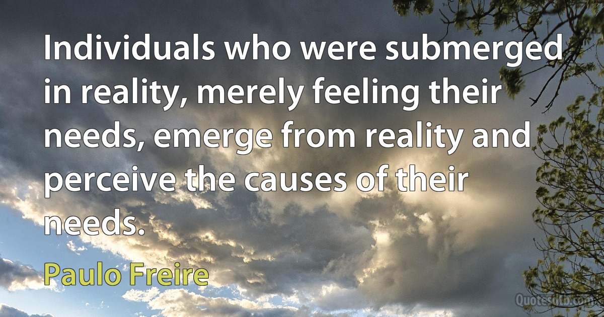 Individuals who were submerged in reality, merely feeling their needs, emerge from reality and perceive the causes of their needs. (Paulo Freire)