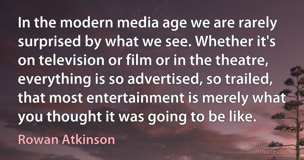 In the modern media age we are rarely surprised by what we see. Whether it's on television or film or in the theatre, everything is so advertised, so trailed, that most entertainment is merely what you thought it was going to be like. (Rowan Atkinson)