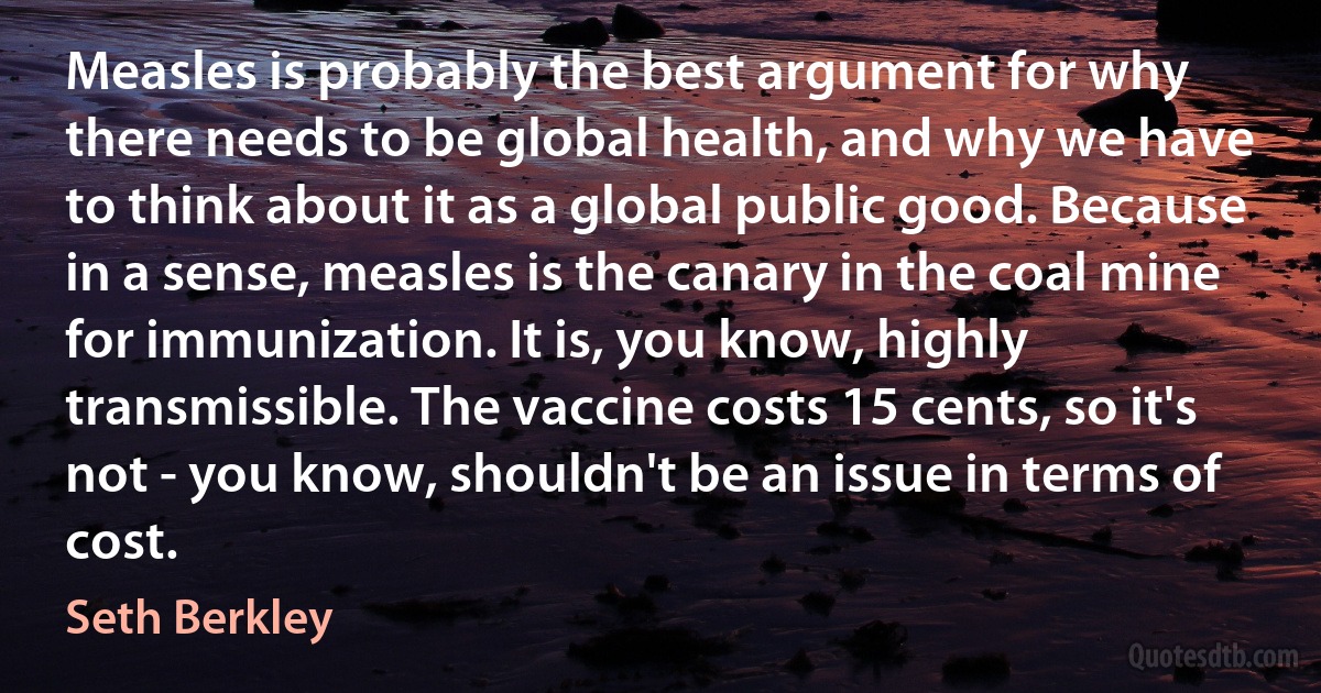 Measles is probably the best argument for why there needs to be global health, and why we have to think about it as a global public good. Because in a sense, measles is the canary in the coal mine for immunization. It is, you know, highly transmissible. The vaccine costs 15 cents, so it's not - you know, shouldn't be an issue in terms of cost. (Seth Berkley)