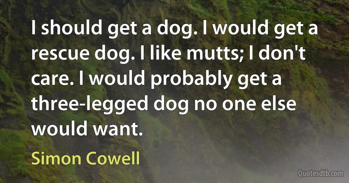 I should get a dog. I would get a rescue dog. I like mutts; I don't care. I would probably get a three-legged dog no one else would want. (Simon Cowell)