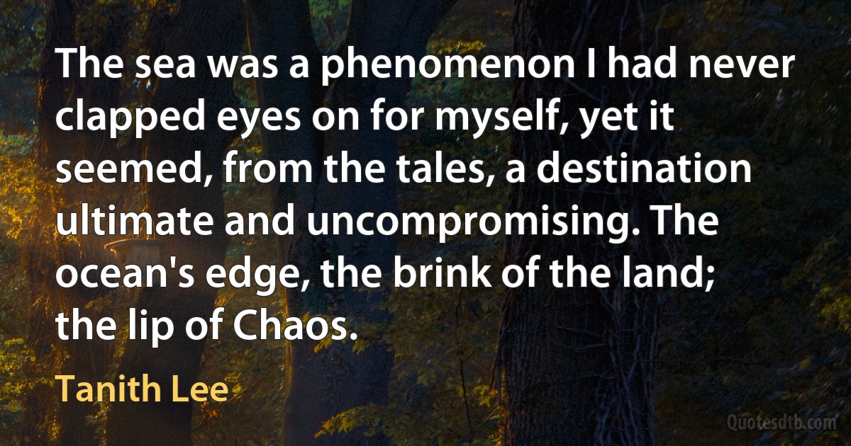 The sea was a phenomenon I had never clapped eyes on for myself, yet it seemed, from the tales, a destination ultimate and uncompromising. The ocean's edge, the brink of the land; the lip of Chaos. (Tanith Lee)