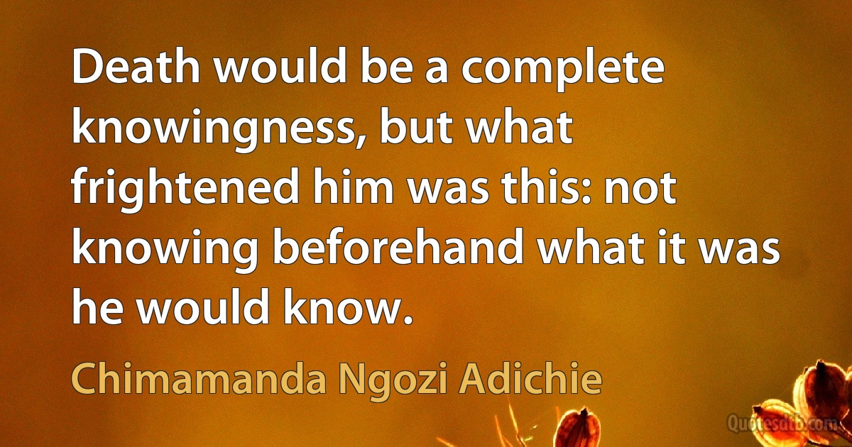 Death would be a complete knowingness, but what frightened him was this: not knowing beforehand what it was he would know. (Chimamanda Ngozi Adichie)