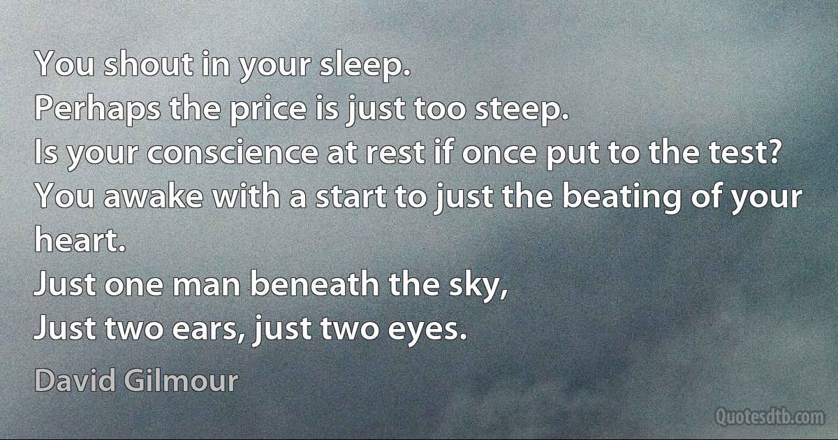 You shout in your sleep.
Perhaps the price is just too steep.
Is your conscience at rest if once put to the test?
You awake with a start to just the beating of your heart.
Just one man beneath the sky,
Just two ears, just two eyes. (David Gilmour)