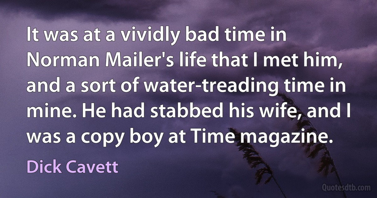 It was at a vividly bad time in Norman Mailer's life that I met him, and a sort of water-treading time in mine. He had stabbed his wife, and I was a copy boy at Time magazine. (Dick Cavett)