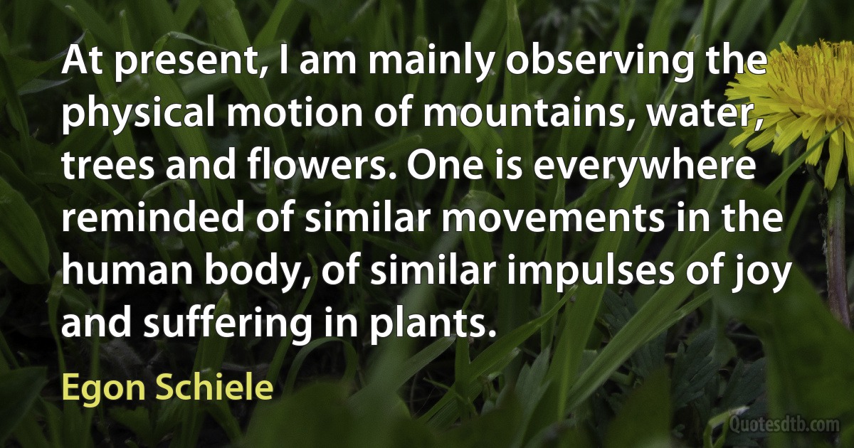 At present, I am mainly observing the physical motion of mountains, water, trees and flowers. One is everywhere reminded of similar movements in the human body, of similar impulses of joy and suffering in plants. (Egon Schiele)