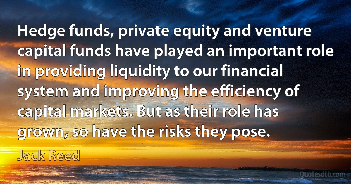 Hedge funds, private equity and venture capital funds have played an important role in providing liquidity to our financial system and improving the efficiency of capital markets. But as their role has grown, so have the risks they pose. (Jack Reed)