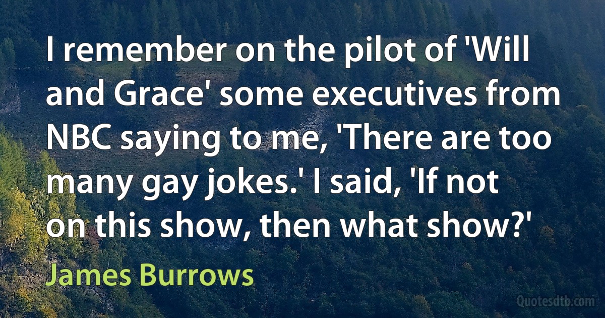 I remember on the pilot of 'Will and Grace' some executives from NBC saying to me, 'There are too many gay jokes.' I said, 'If not on this show, then what show?' (James Burrows)