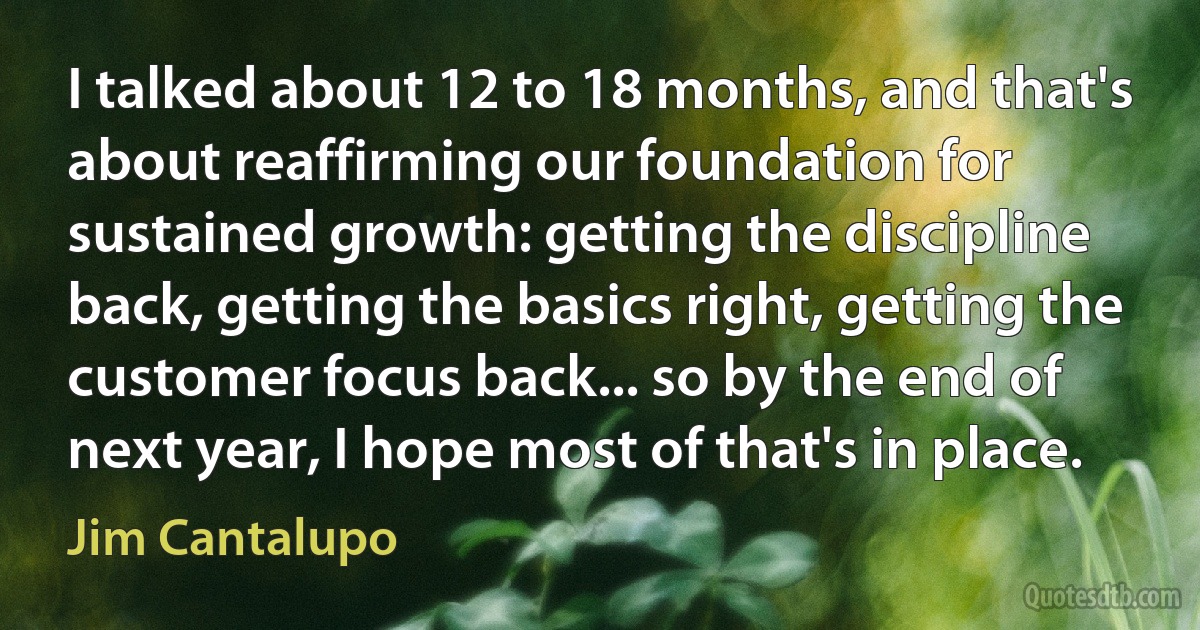 I talked about 12 to 18 months, and that's about reaffirming our foundation for sustained growth: getting the discipline back, getting the basics right, getting the customer focus back... so by the end of next year, I hope most of that's in place. (Jim Cantalupo)