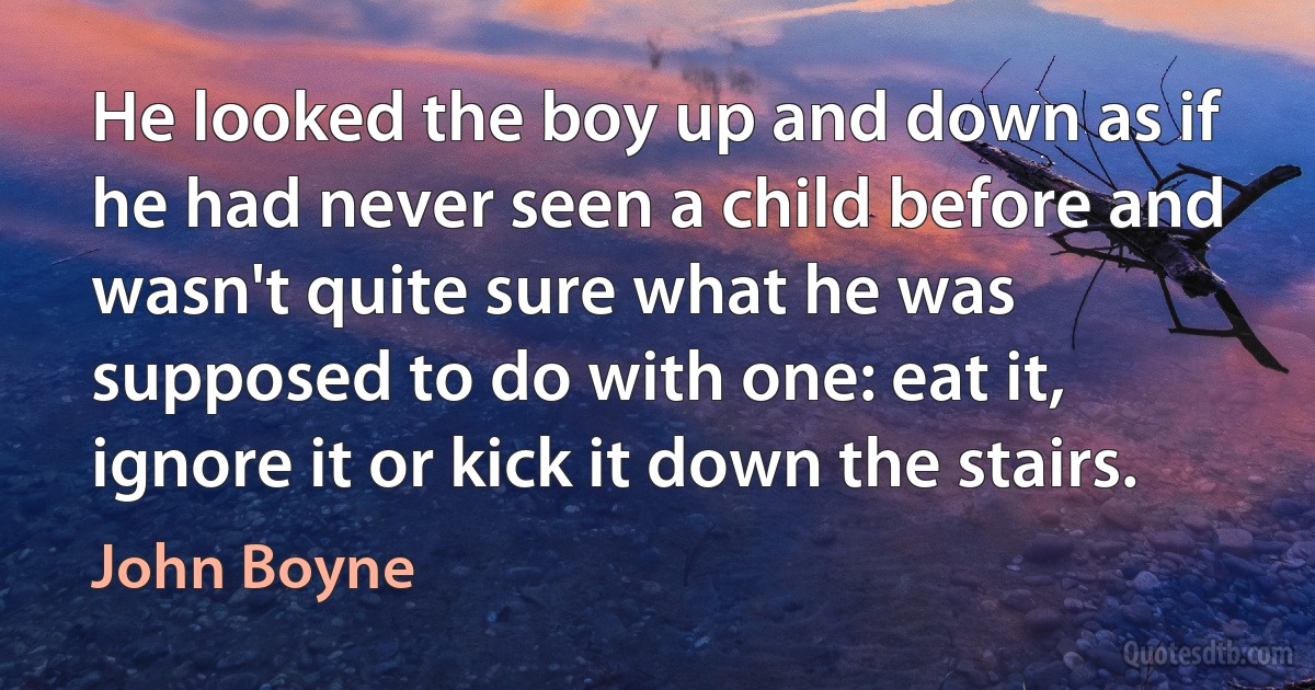 He looked the boy up and down as if he had never seen a child before and wasn't quite sure what he was supposed to do with one: eat it, ignore it or kick it down the stairs. (John Boyne)