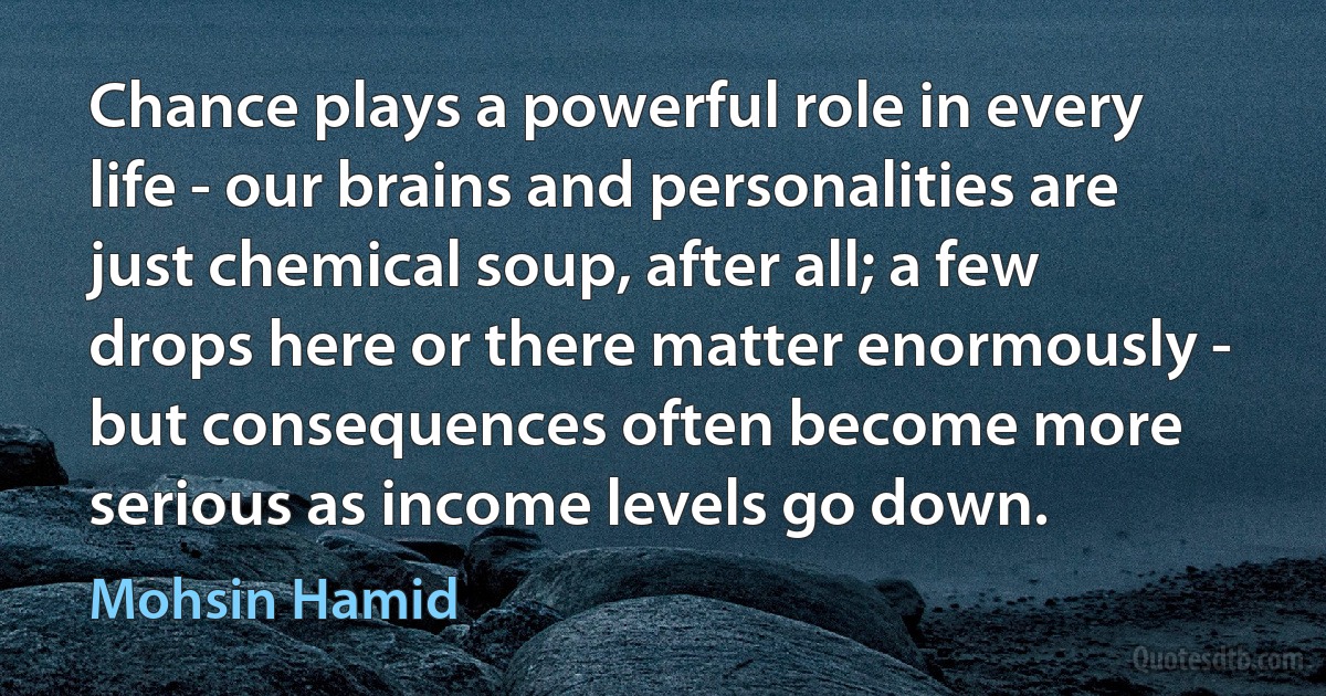 Chance plays a powerful role in every life - our brains and personalities are just chemical soup, after all; a few drops here or there matter enormously - but consequences often become more serious as income levels go down. (Mohsin Hamid)