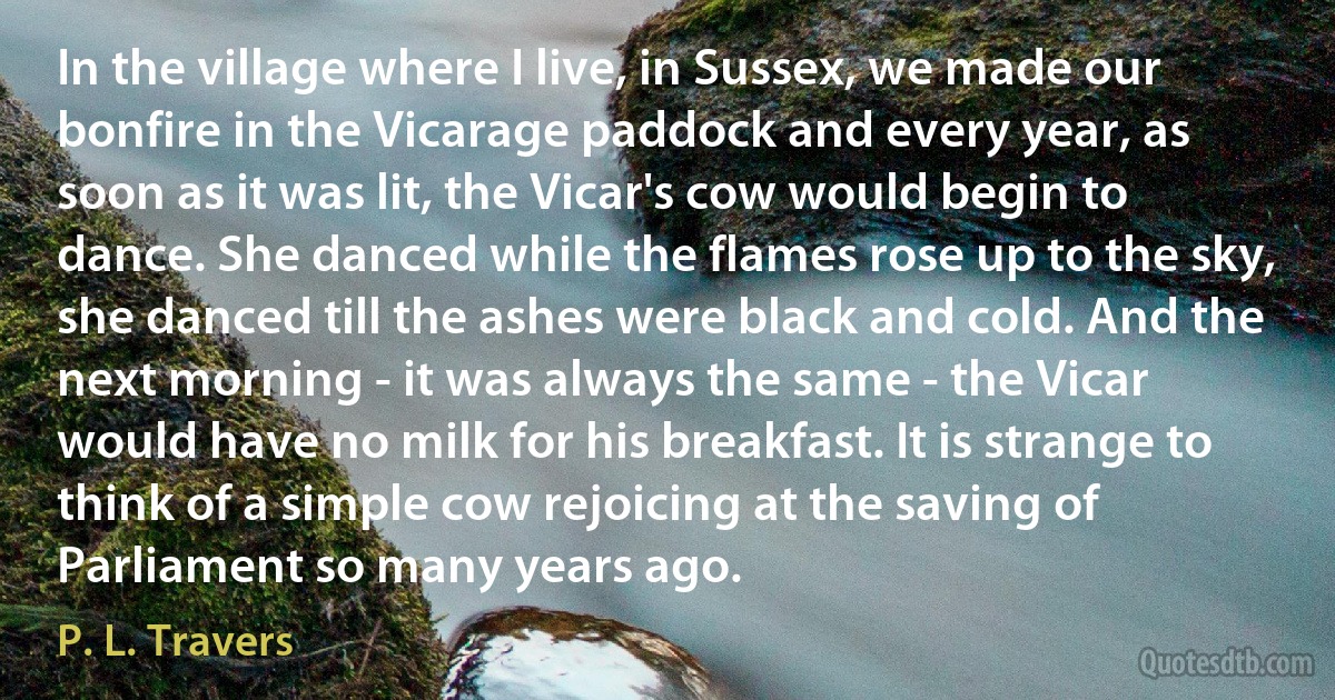 In the village where I live, in Sussex, we made our bonfire in the Vicarage paddock and every year, as soon as it was lit, the Vicar's cow would begin to dance. She danced while the flames rose up to the sky, she danced till the ashes were black and cold. And the next morning - it was always the same - the Vicar would have no milk for his breakfast. It is strange to think of a simple cow rejoicing at the saving of Parliament so many years ago. (P. L. Travers)