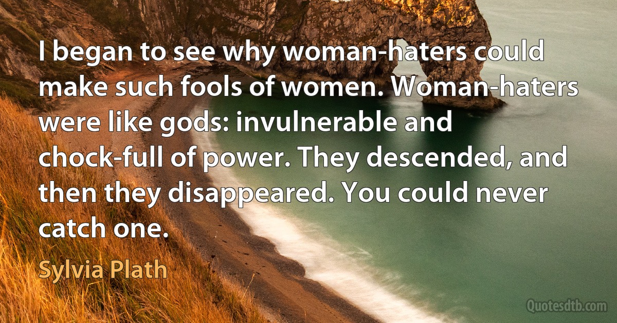 I began to see why woman-haters could make such fools of women. Woman-haters were like gods: invulnerable and chock-full of power. They descended, and then they disappeared. You could never catch one. (Sylvia Plath)