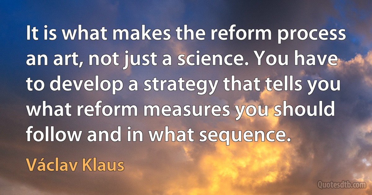 It is what makes the reform process an art, not just a science. You have to develop a strategy that tells you what reform measures you should follow and in what sequence. (Václav Klaus)