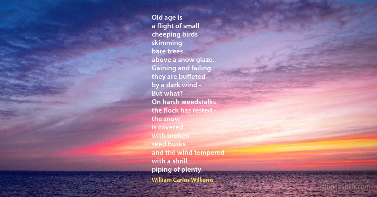 Old age is
a flight of small
cheeping birds
skimming
bare trees
above a snow glaze.
Gaining and failing
they are buffeted
by a dark wind -
But what?
On harsh weedstalks
the flock has rested -
the snow
is covered
with broken
seed husks
and the wind tempered
with a shrill
piping of plenty. (William Carlos Williams)