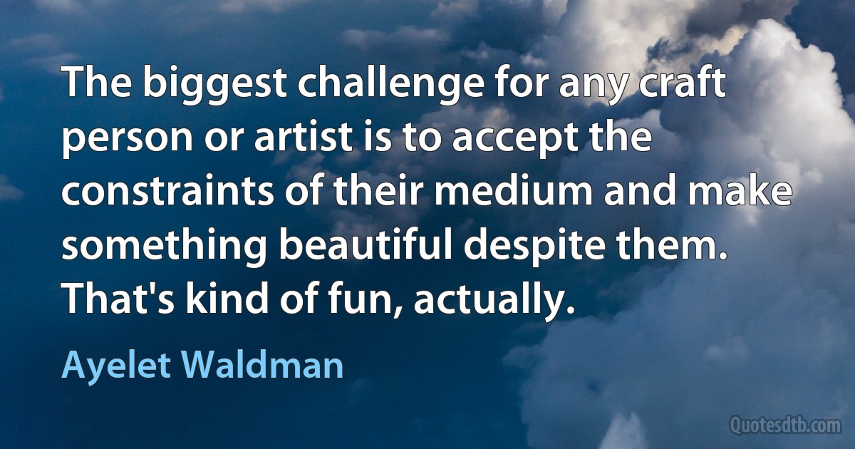 The biggest challenge for any craft person or artist is to accept the constraints of their medium and make something beautiful despite them. That's kind of fun, actually. (Ayelet Waldman)