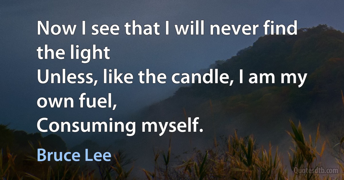 Now I see that I will never find the light
Unless, like the candle, I am my own fuel,
Consuming myself. (Bruce Lee)