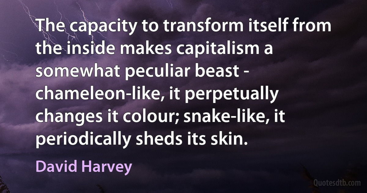 The capacity to transform itself from the inside makes capitalism a somewhat peculiar beast - chameleon-like, it perpetually changes it colour; snake-like, it periodically sheds its skin. (David Harvey)