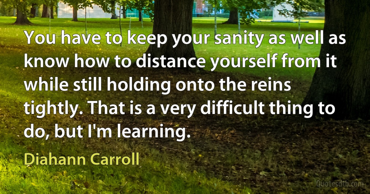 You have to keep your sanity as well as know how to distance yourself from it while still holding onto the reins tightly. That is a very difficult thing to do, but I'm learning. (Diahann Carroll)