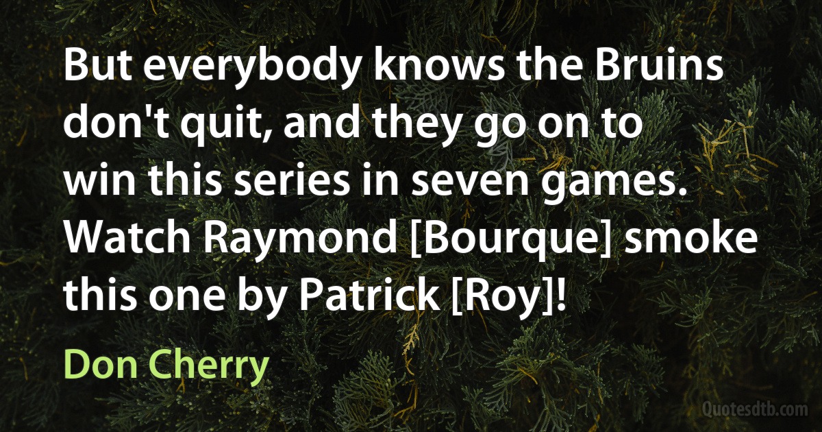 But everybody knows the Bruins don't quit, and they go on to win this series in seven games. Watch Raymond [Bourque] smoke this one by Patrick [Roy]! (Don Cherry)