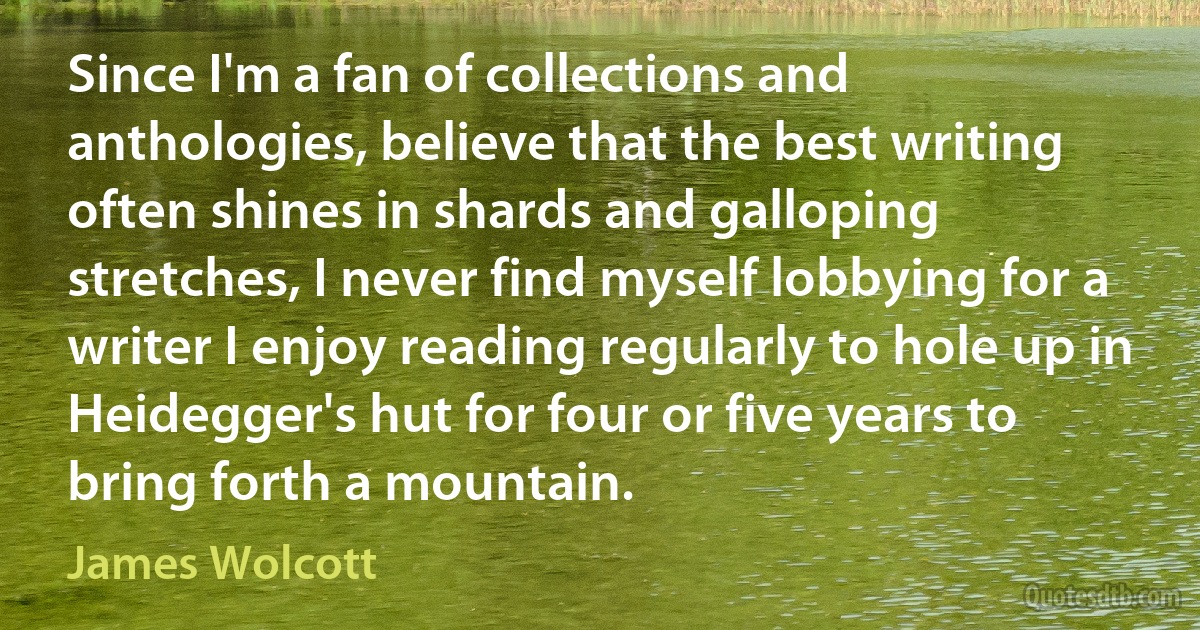 Since I'm a fan of collections and anthologies, believe that the best writing often shines in shards and galloping stretches, I never find myself lobbying for a writer I enjoy reading regularly to hole up in Heidegger's hut for four or five years to bring forth a mountain. (James Wolcott)