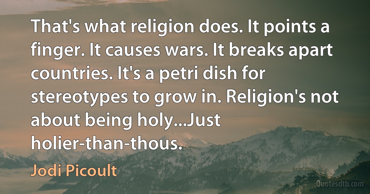 That's what religion does. It points a finger. It causes wars. It breaks apart countries. It's a petri dish for stereotypes to grow in. Religion's not about being holy...Just holier-than-thous. (Jodi Picoult)