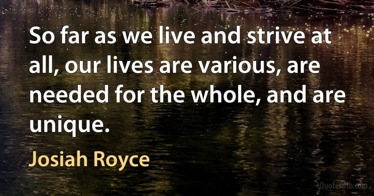 So far as we live and strive at all, our lives are various, are needed for the whole, and are unique. (Josiah Royce)