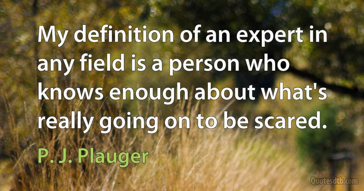 My definition of an expert in any field is a person who knows enough about what's really going on to be scared. (P. J. Plauger)