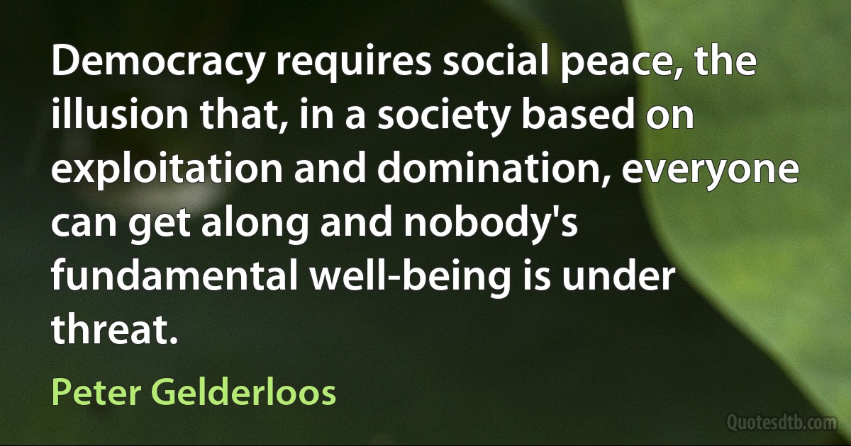 Democracy requires social peace, the illusion that, in a society based on exploitation and domination, everyone can get along and nobody's fundamental well-being is under threat. (Peter Gelderloos)