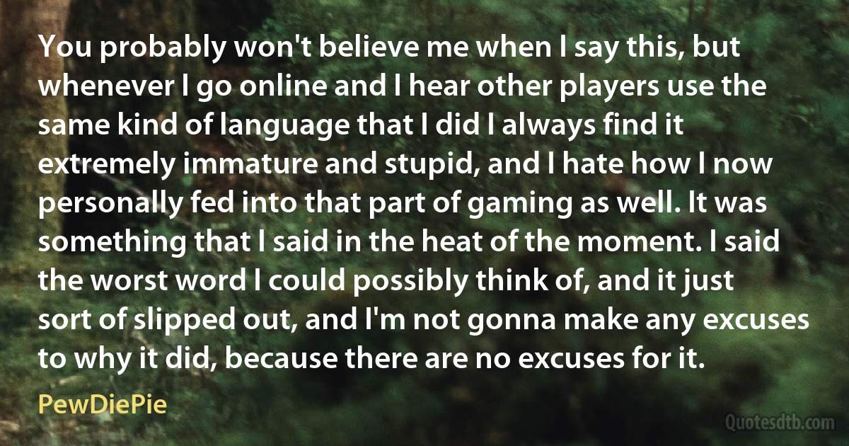 You probably won't believe me when I say this, but whenever I go online and I hear other players use the same kind of language that I did I always find it extremely immature and stupid, and I hate how I now personally fed into that part of gaming as well. It was something that I said in the heat of the moment. I said the worst word I could possibly think of, and it just sort of slipped out, and I'm not gonna make any excuses to why it did, because there are no excuses for it. (PewDiePie)