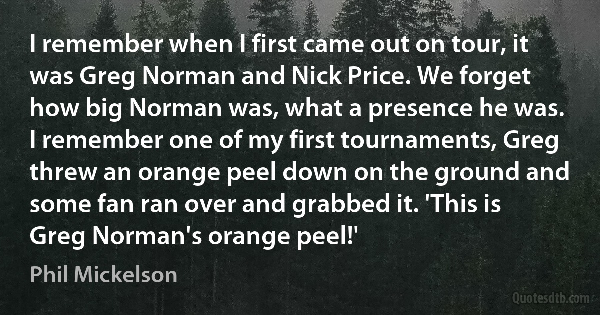 I remember when I first came out on tour, it was Greg Norman and Nick Price. We forget how big Norman was, what a presence he was. I remember one of my first tournaments, Greg threw an orange peel down on the ground and some fan ran over and grabbed it. 'This is Greg Norman's orange peel!' (Phil Mickelson)