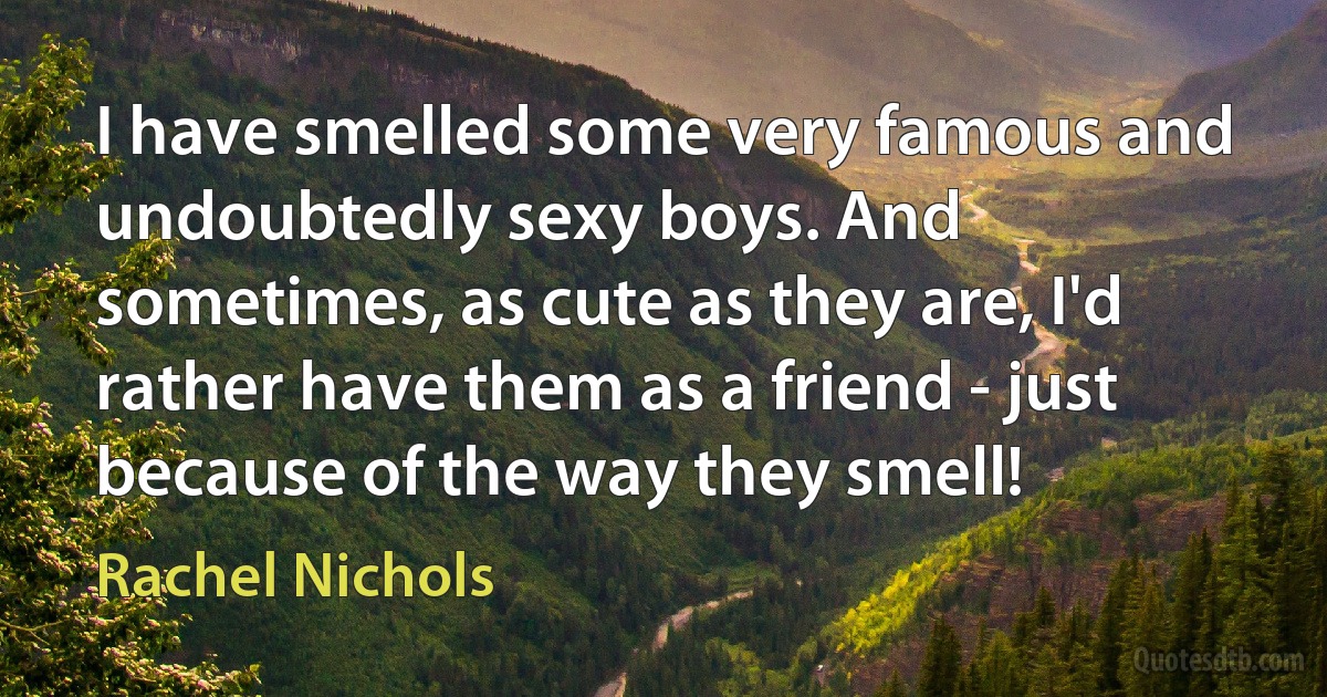 I have smelled some very famous and undoubtedly sexy boys. And sometimes, as cute as they are, I'd rather have them as a friend - just because of the way they smell! (Rachel Nichols)