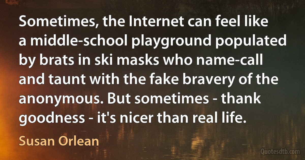 Sometimes, the Internet can feel like a middle-school playground populated by brats in ski masks who name-call and taunt with the fake bravery of the anonymous. But sometimes - thank goodness - it's nicer than real life. (Susan Orlean)