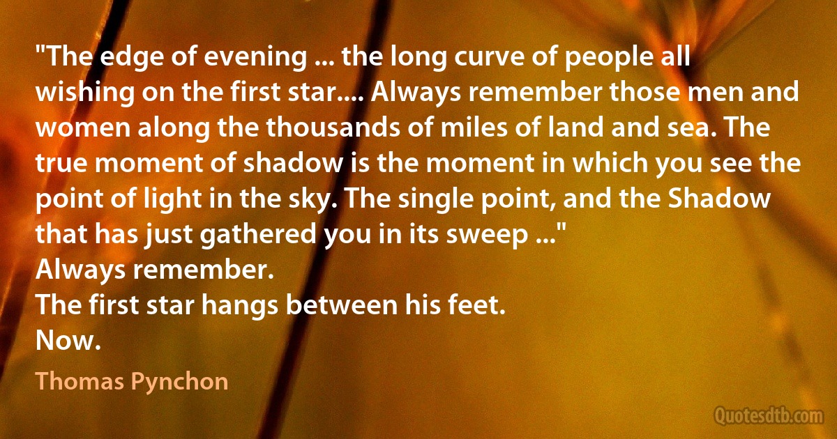 "The edge of evening ... the long curve of people all wishing on the first star.... Always remember those men and women along the thousands of miles of land and sea. The true moment of shadow is the moment in which you see the point of light in the sky. The single point, and the Shadow that has just gathered you in its sweep ..."
Always remember.
The first star hangs between his feet.
Now. (Thomas Pynchon)