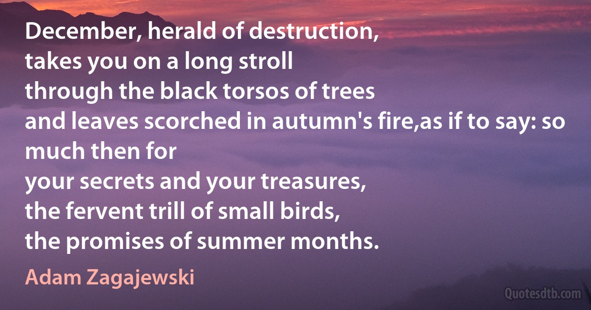 December, herald of destruction,
takes you on a long stroll
through the black torsos of trees
and leaves scorched in autumn's fire,as if to say: so much then for
your secrets and your treasures,
the fervent trill of small birds,
the promises of summer months. (Adam Zagajewski)