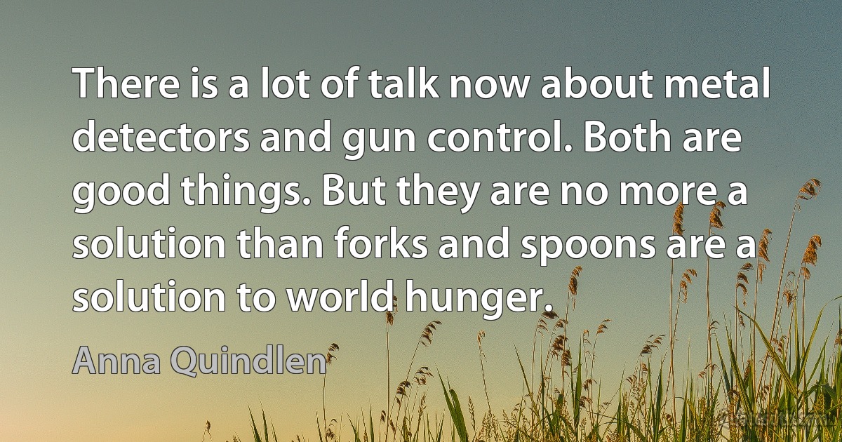 There is a lot of talk now about metal detectors and gun control. Both are good things. But they are no more a solution than forks and spoons are a solution to world hunger. (Anna Quindlen)