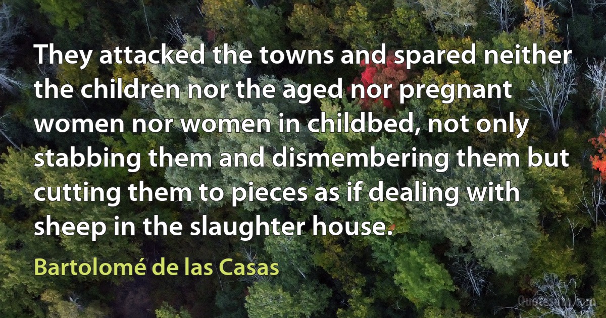 They attacked the towns and spared neither the children nor the aged nor pregnant women nor women in childbed, not only stabbing them and dismembering them but cutting them to pieces as if dealing with sheep in the slaughter house. (Bartolomé de las Casas)