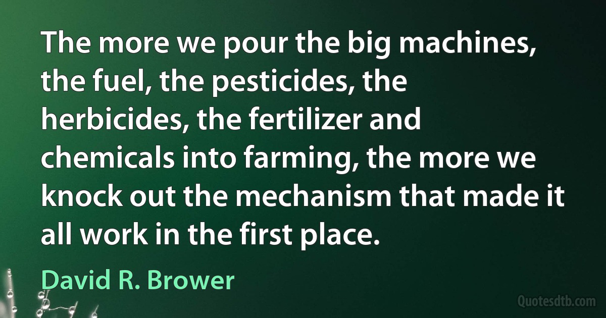 The more we pour the big machines, the fuel, the pesticides, the herbicides, the fertilizer and chemicals into farming, the more we knock out the mechanism that made it all work in the first place. (David R. Brower)