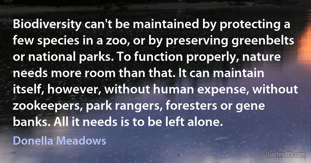 Biodiversity can't be maintained by protecting a few species in a zoo, or by preserving greenbelts or national parks. To function properly, nature needs more room than that. It can maintain itself, however, without human expense, without zookeepers, park rangers, foresters or gene banks. All it needs is to be left alone. (Donella Meadows)