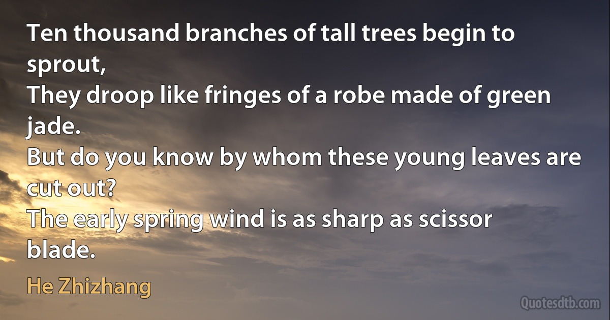 Ten thousand branches of tall trees begin to sprout,
They droop like fringes of a robe made of green jade.
But do you know by whom these young leaves are cut out?
The early spring wind is as sharp as scissor blade. (He Zhizhang)