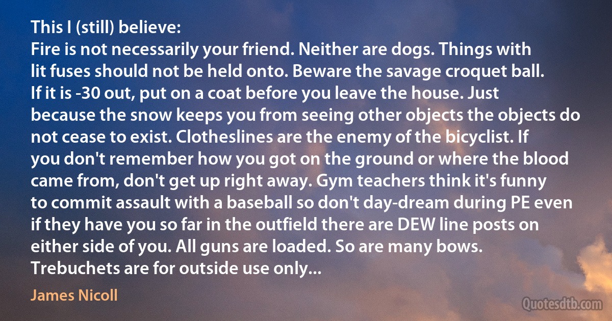 This I (still) believe:
Fire is not necessarily your friend. Neither are dogs. Things with lit fuses should not be held onto. Beware the savage croquet ball. If it is -30 out, put on a coat before you leave the house. Just because the snow keeps you from seeing other objects the objects do not cease to exist. Clotheslines are the enemy of the bicyclist. If you don't remember how you got on the ground or where the blood came from, don't get up right away. Gym teachers think it's funny to commit assault with a baseball so don't day-dream during PE even if they have you so far in the outfield there are DEW line posts on either side of you. All guns are loaded. So are many bows. Trebuchets are for outside use only... (James Nicoll)