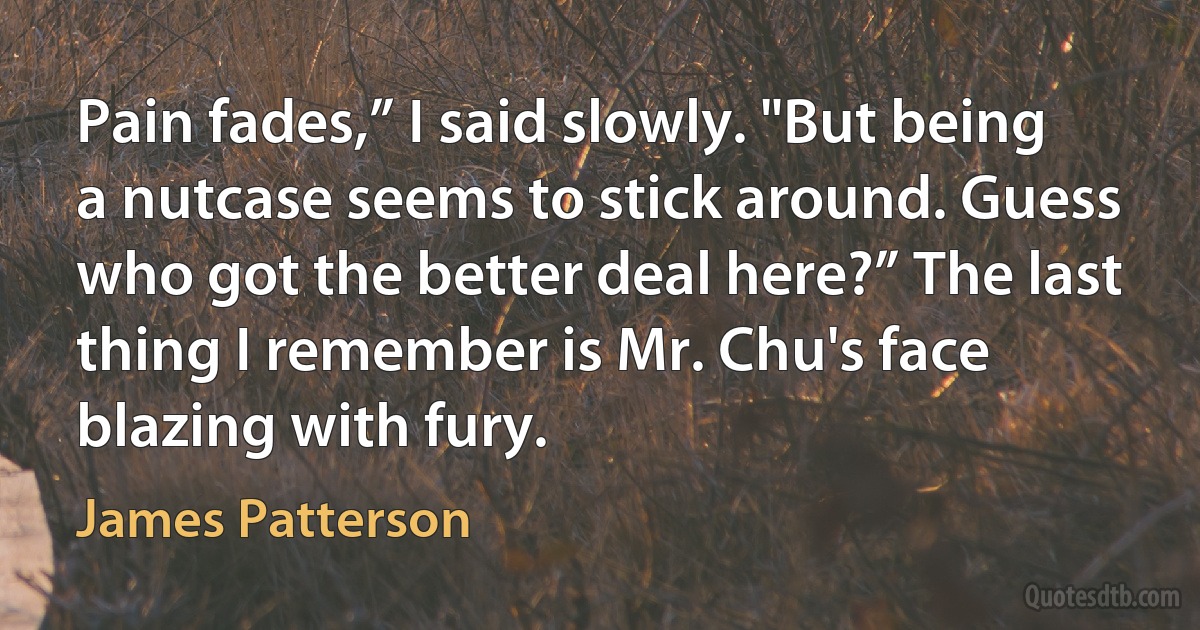 Pain fades,” I said slowly. "But being a nutcase seems to stick around. Guess who got the better deal here?” The last thing I remember is Mr. Chu's face blazing with fury. (James Patterson)