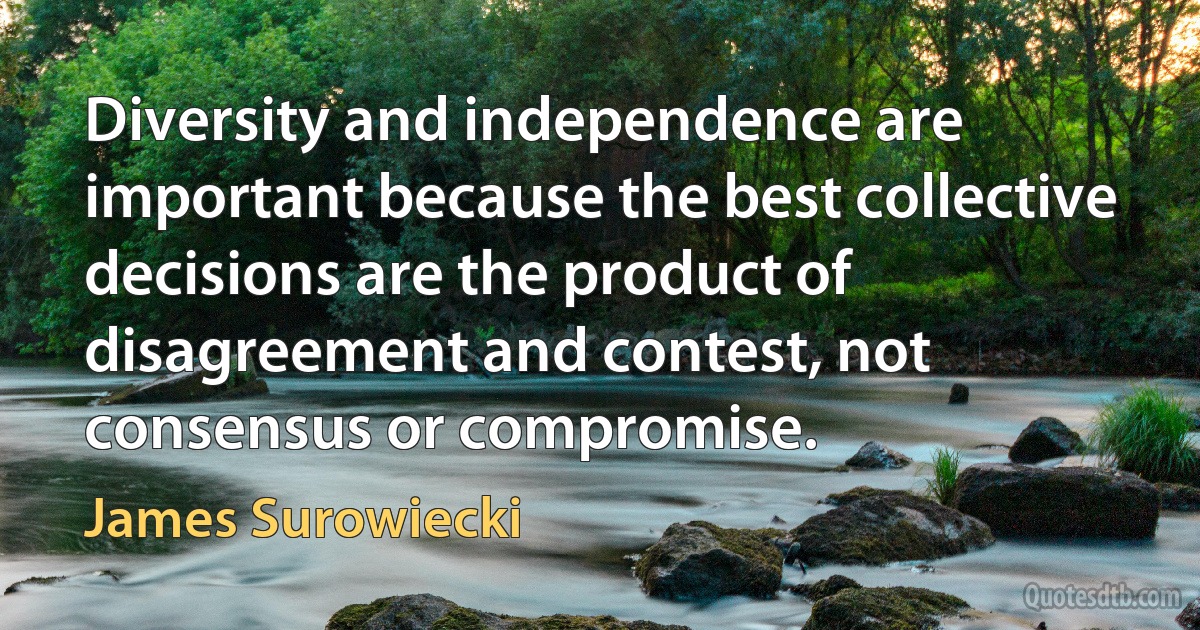 Diversity and independence are important because the best collective decisions are the product of disagreement and contest, not consensus or compromise. (James Surowiecki)