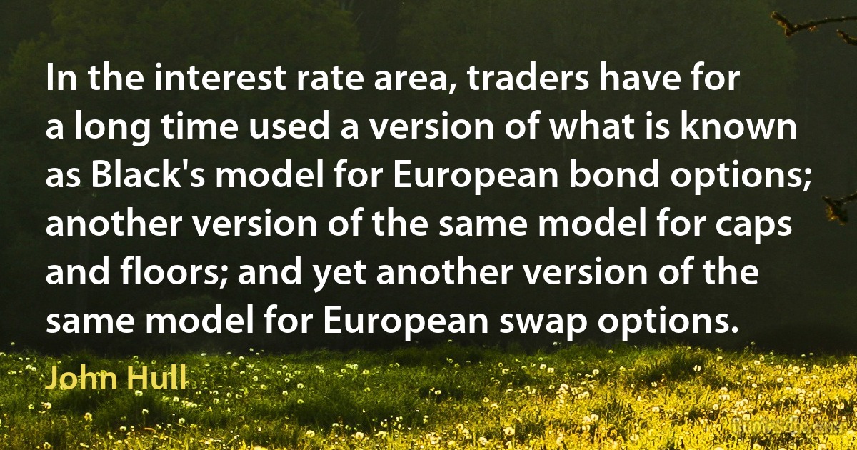 In the interest rate area, traders have for a long time used a version of what is known as Black's model for European bond options; another version of the same model for caps and floors; and yet another version of the same model for European swap options. (John Hull)