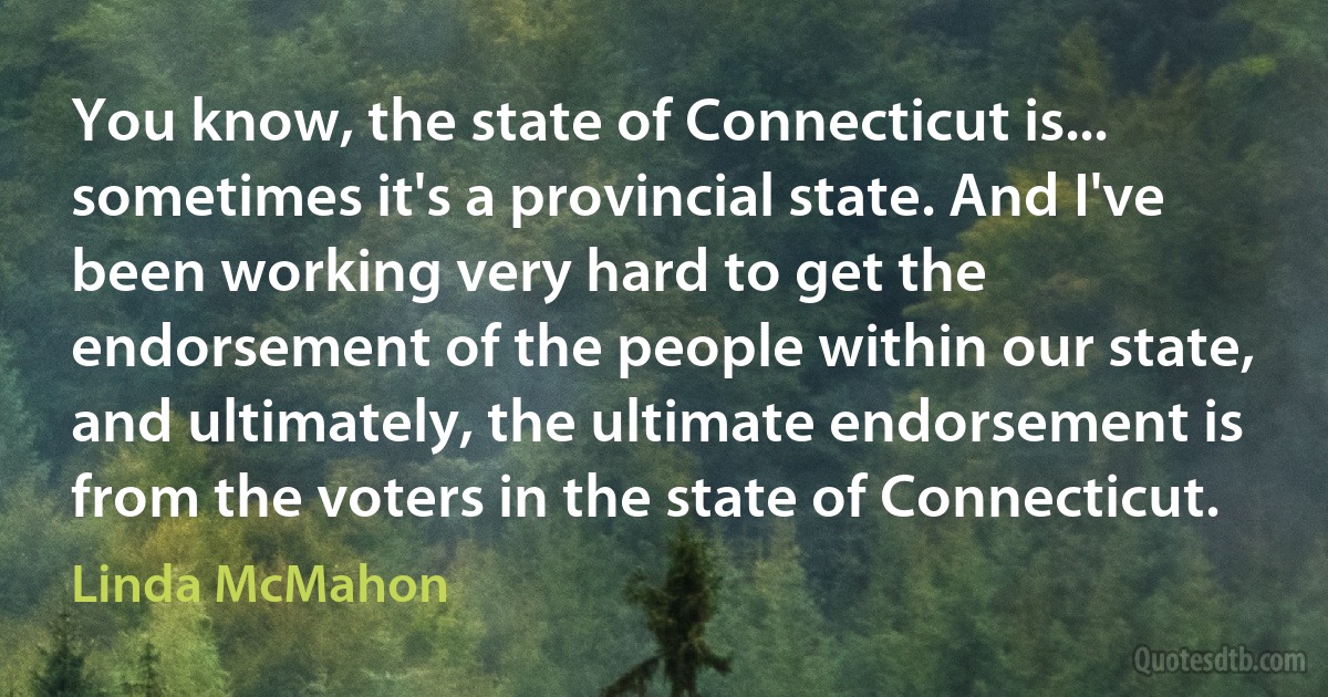 You know, the state of Connecticut is... sometimes it's a provincial state. And I've been working very hard to get the endorsement of the people within our state, and ultimately, the ultimate endorsement is from the voters in the state of Connecticut. (Linda McMahon)