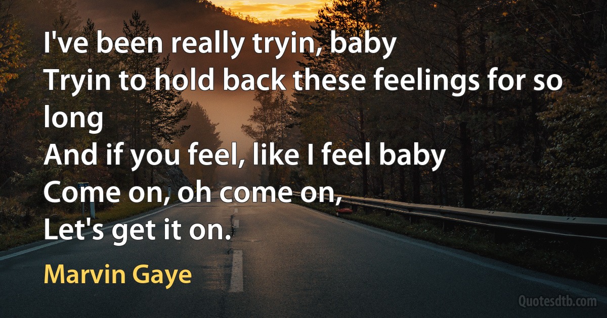 I've been really tryin, baby
Tryin to hold back these feelings for so long
And if you feel, like I feel baby
Come on, oh come on,
Let's get it on. (Marvin Gaye)