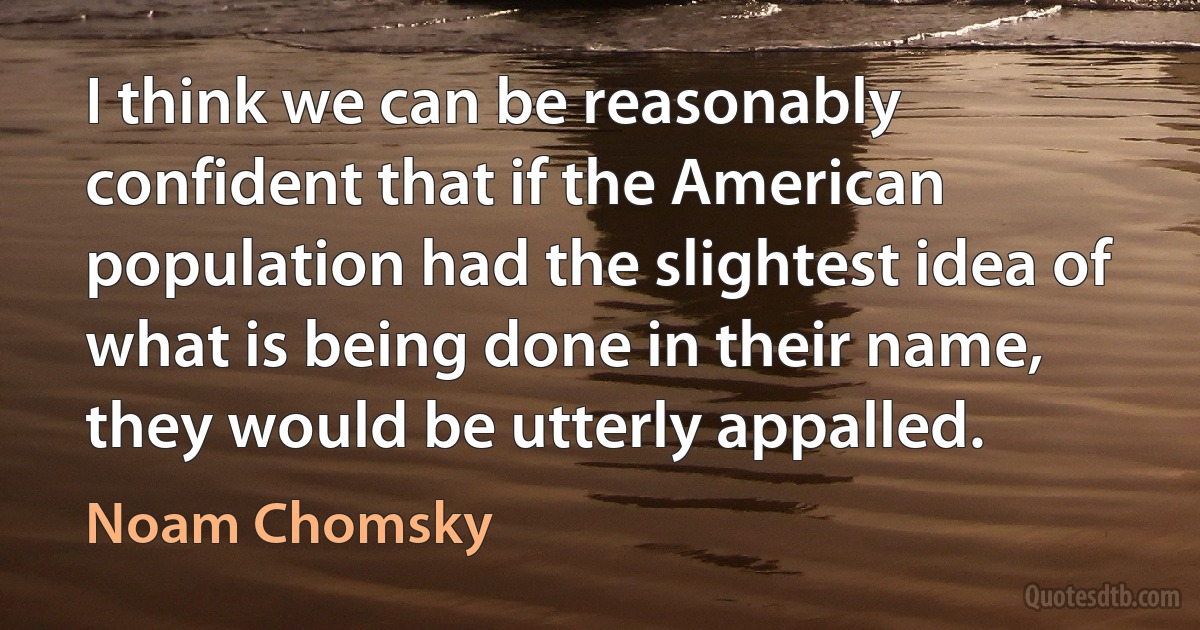 I think we can be reasonably confident that if the American population had the slightest idea of what is being done in their name, they would be utterly appalled. (Noam Chomsky)