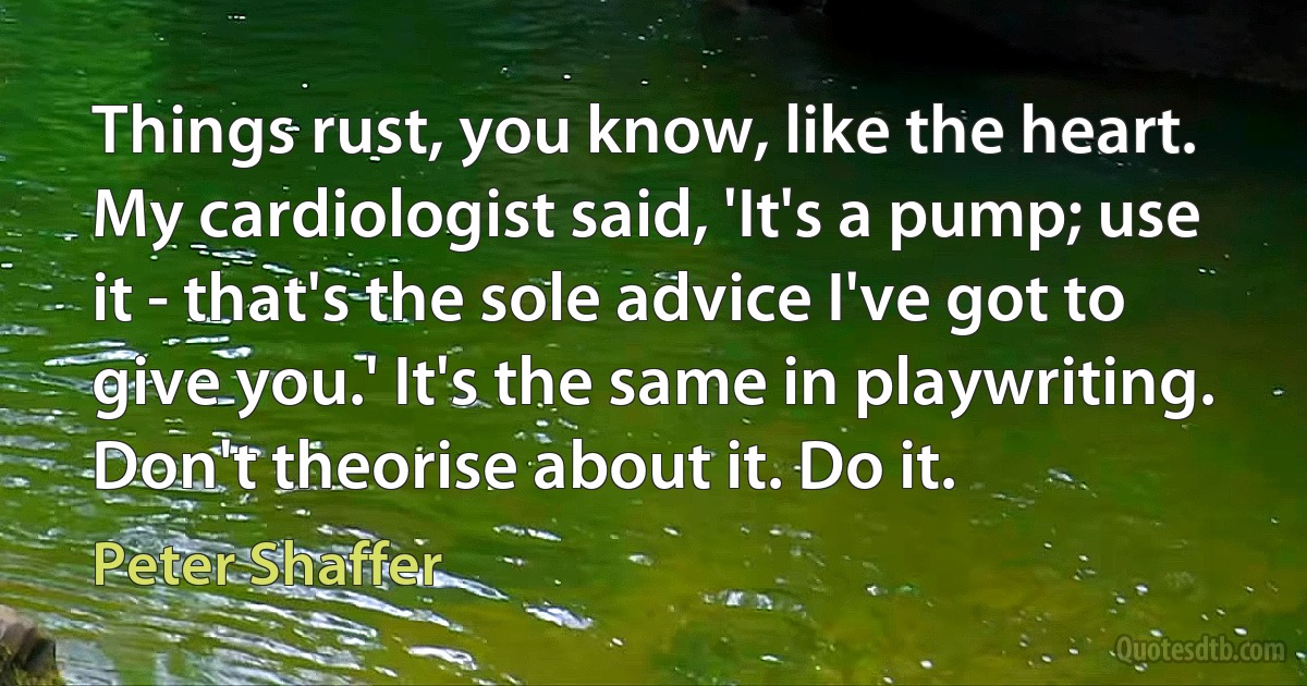 Things rust, you know, like the heart. My cardiologist said, 'It's a pump; use it - that's the sole advice I've got to give you.' It's the same in playwriting. Don't theorise about it. Do it. (Peter Shaffer)