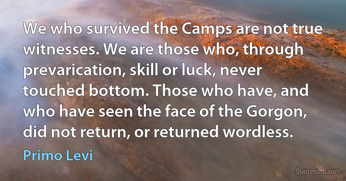 We who survived the Camps are not true witnesses. We are those who, through prevarication, skill or luck, never touched bottom. Those who have, and who have seen the face of the Gorgon, did not return, or returned wordless. (Primo Levi)