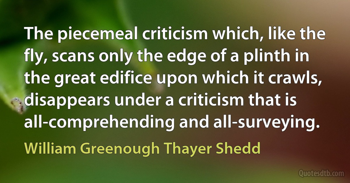 The piecemeal criticism which, like the fly, scans only the edge of a plinth in the great edifice upon which it crawls, disappears under a criticism that is all-comprehending and all-surveying. (William Greenough Thayer Shedd)