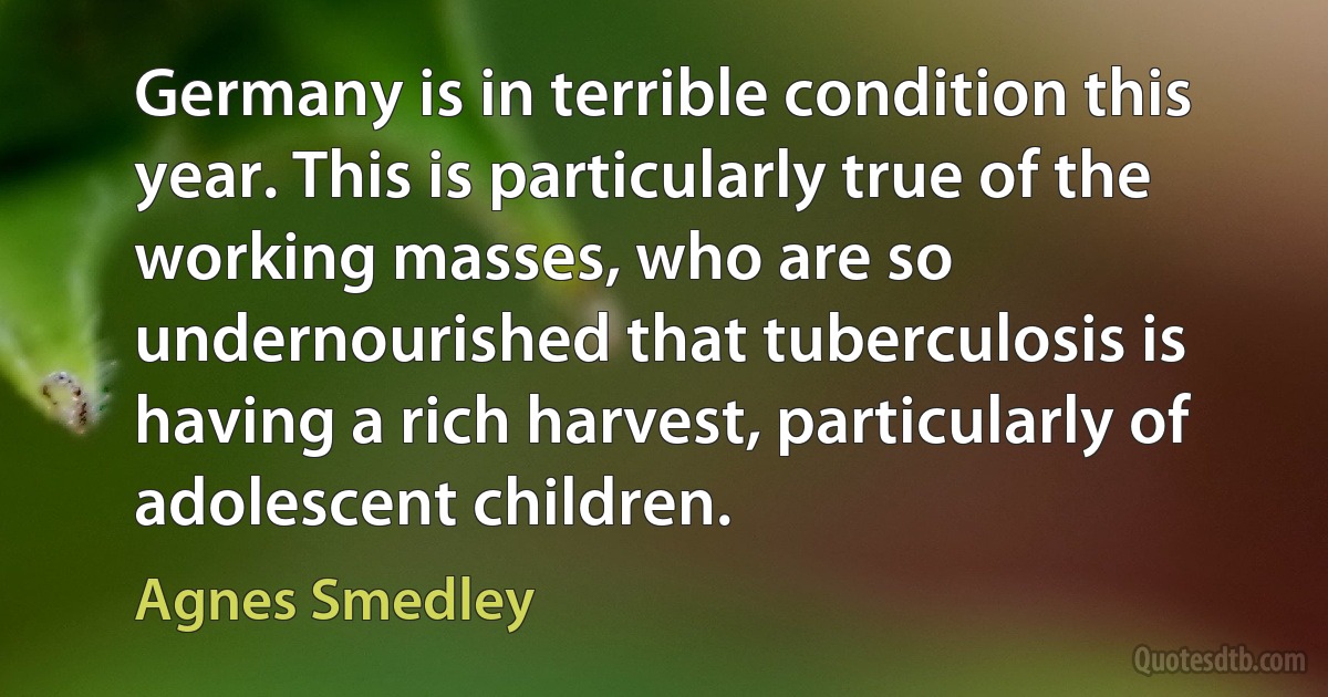 Germany is in terrible condition this year. This is particularly true of the working masses, who are so undernourished that tuberculosis is having a rich harvest, particularly of adolescent children. (Agnes Smedley)